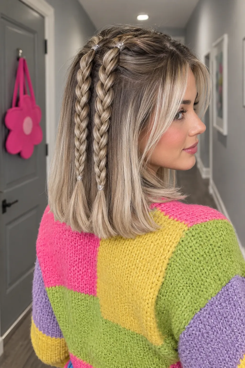 Twin Braids on a Blonde Bob