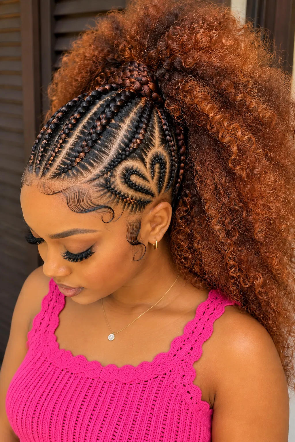 Heart Cornrows with Auburn Curly Ponytail Heart Cornrows with Auburn Curly Ponytail