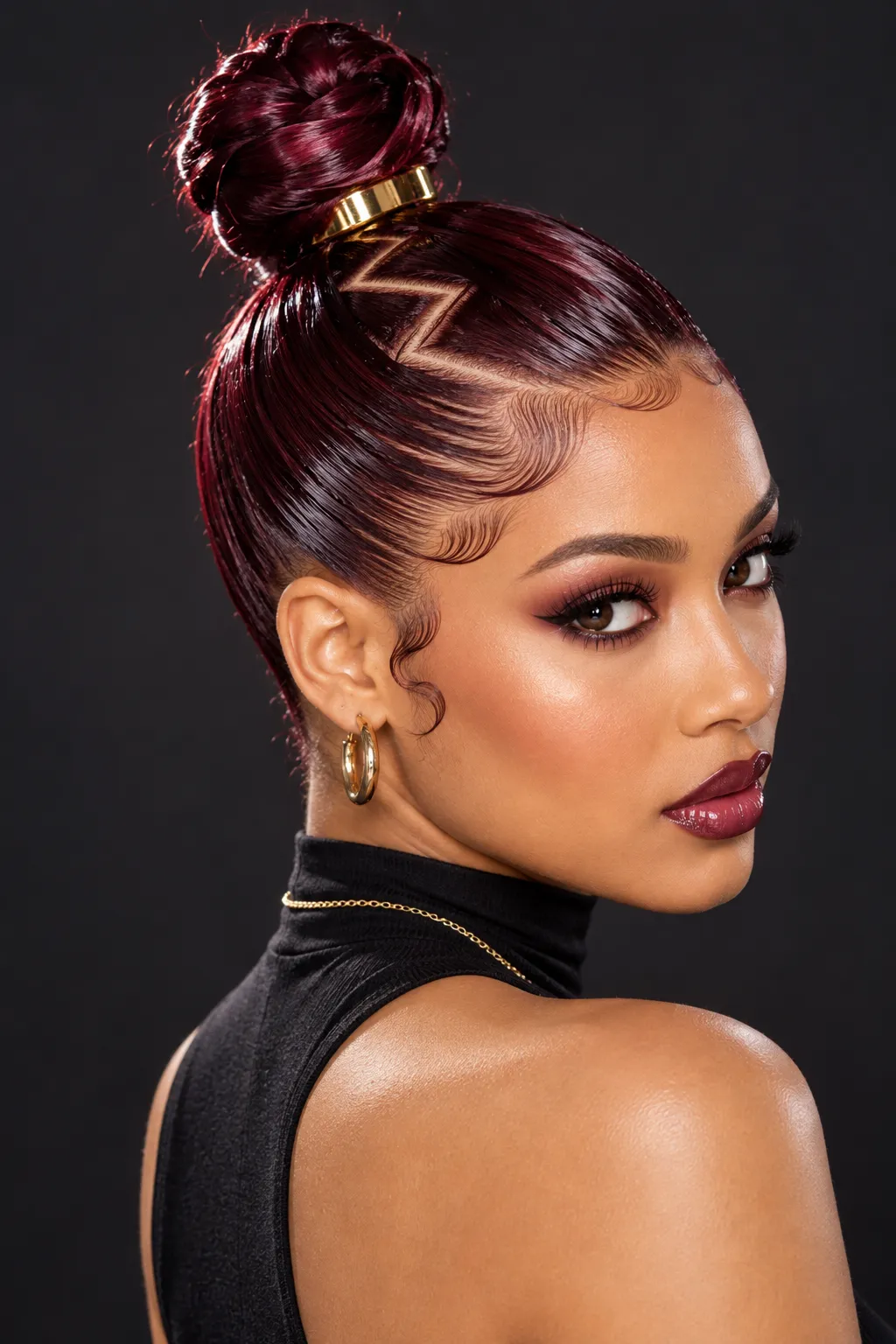 Burgundy Top Knot with Zigzag Part Burgundy Top Knot with Zigzag Part