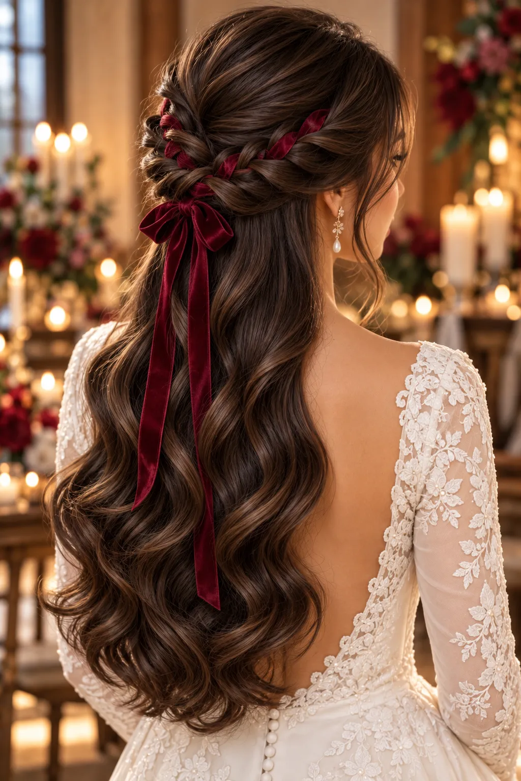 Burgundy Velvet Ribbon Braid with Rich Brunette Waves Burgundy Velvet Ribbon Braid with Rich Brunette Waves