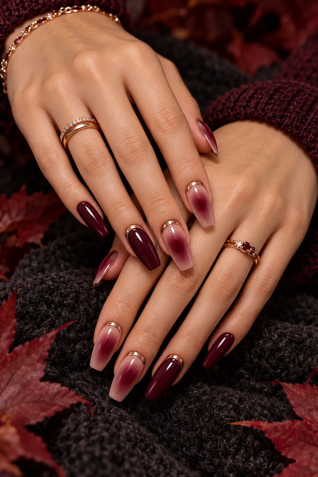 Burgundy Rose Gold Autumn Manicure