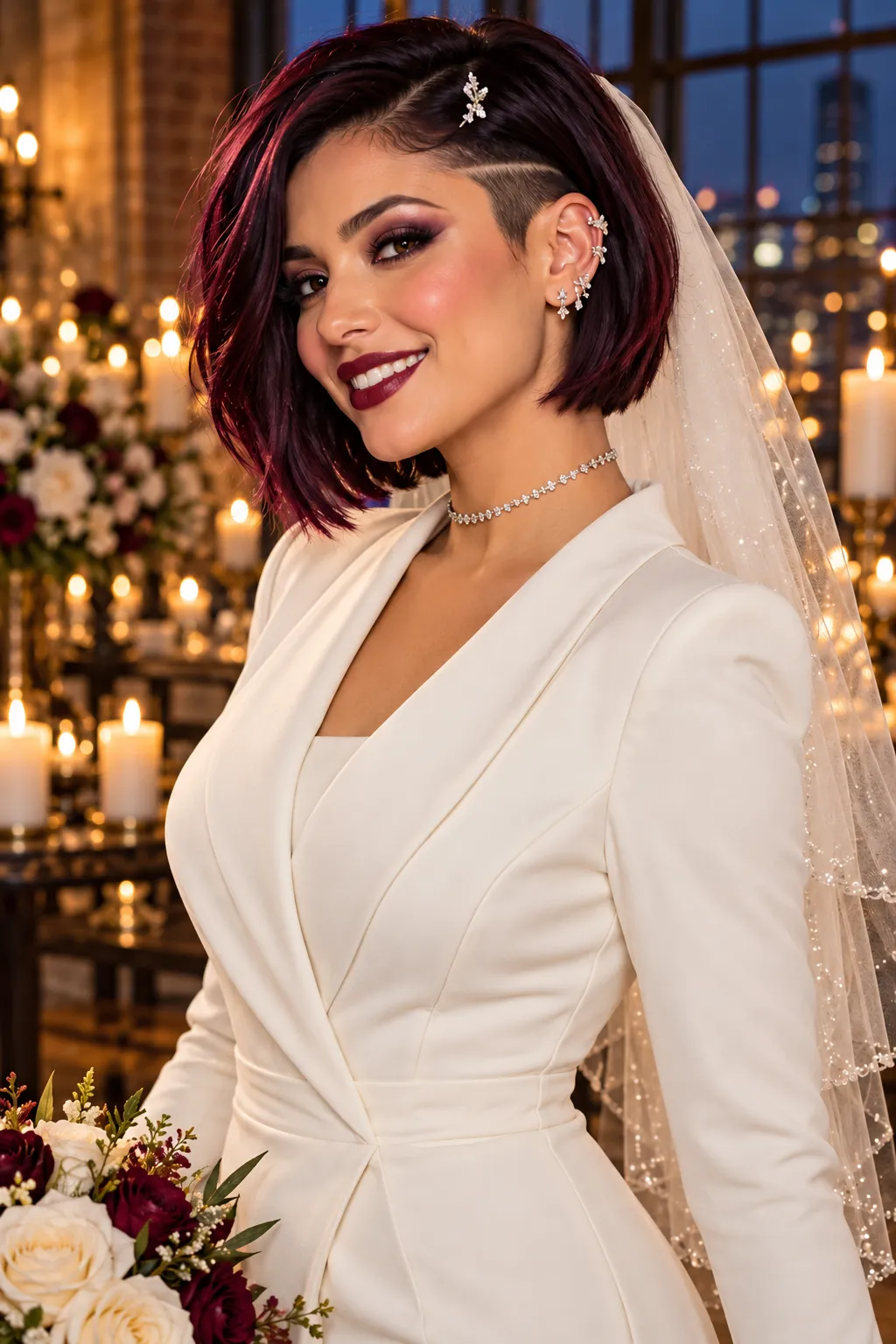 Burgundy Undercut Bob with Veil