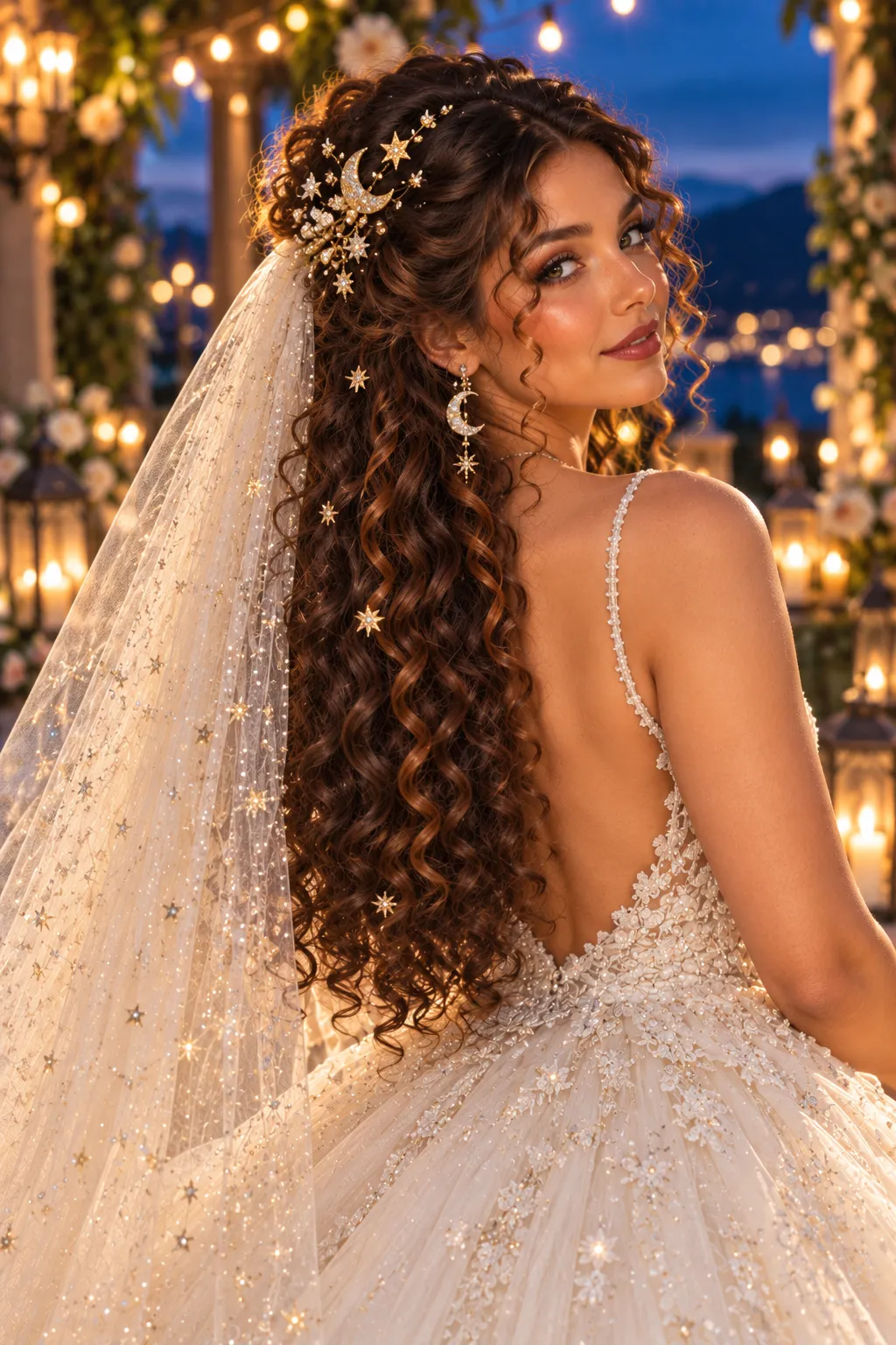 Moonlit Ringlets with Starry Tulle Veil