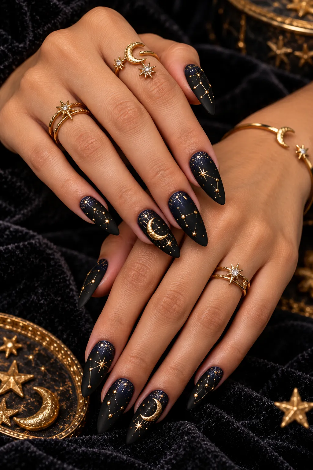 Celestial Gold Midnight Stiletto Nails