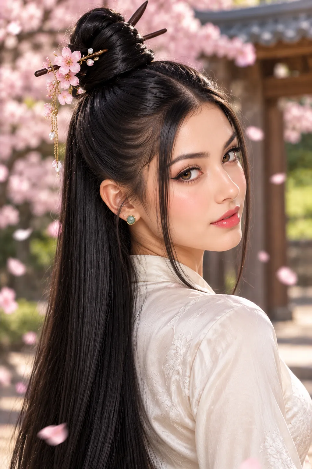 Half Up Top Knot with Blossom Hairpin Half Up Top Knot with Blossom Hairpin