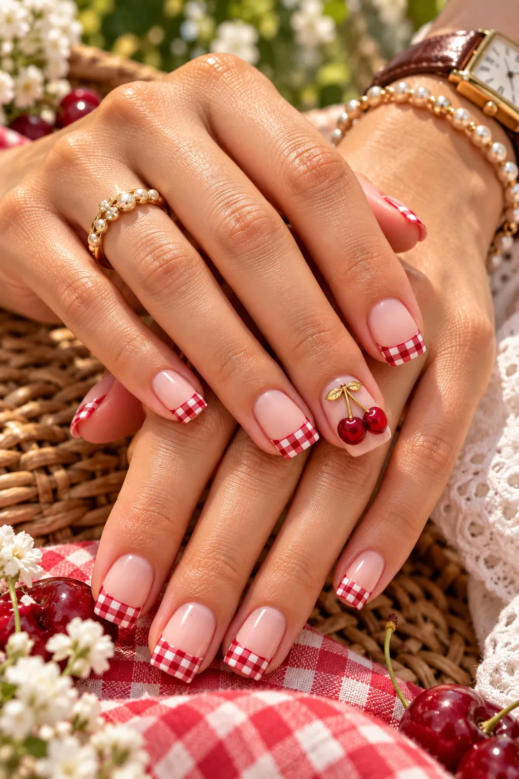 Cherry Picnic Gingham Nails