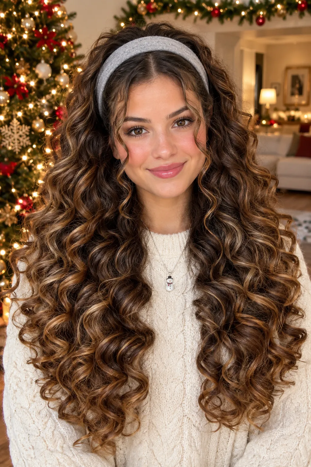 Voluminous Caramel Curls with Gray Knit Headband