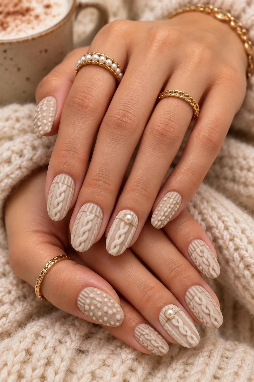 Cream Cable Knit Sweater Nails