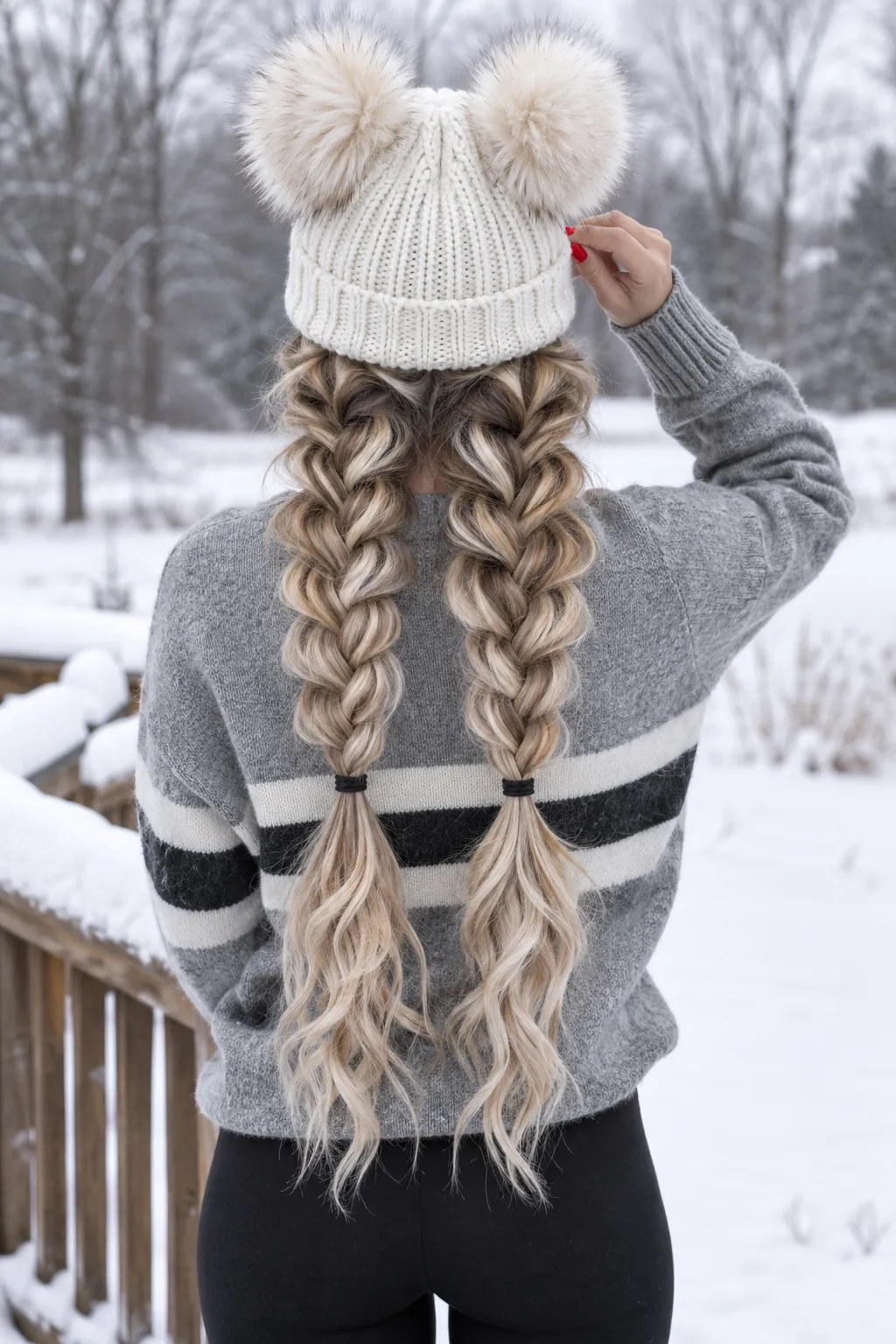 Chunky Double Braids with Pom Pom Beanie