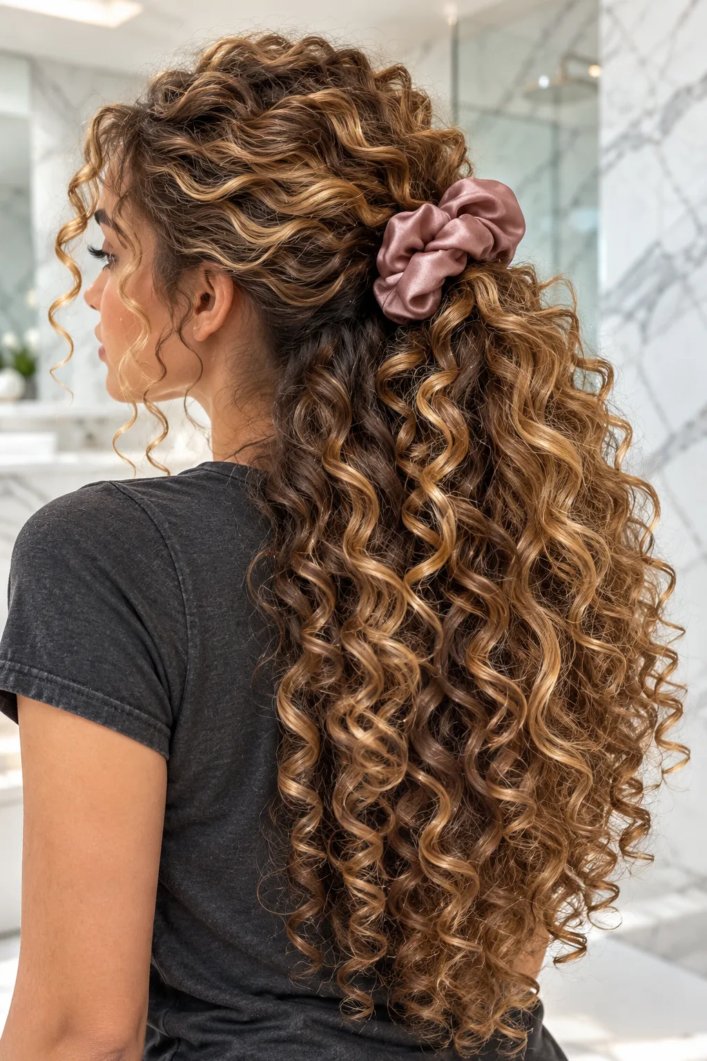 Curly Half Up with Mauve Satin Scrunchie