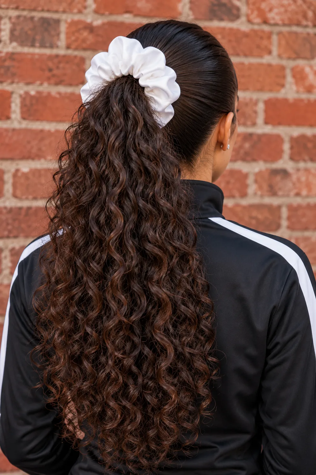 Sleek Curly Ponytail with White Scrunchie