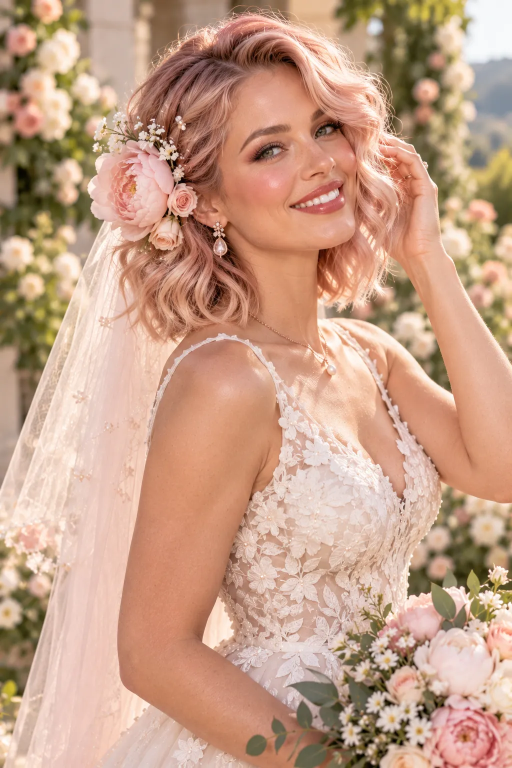 Blush Pink Waves with Peony Accent
