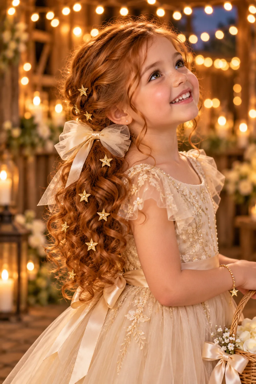 Dreamy Flower Girl Beneath Fairy Lights