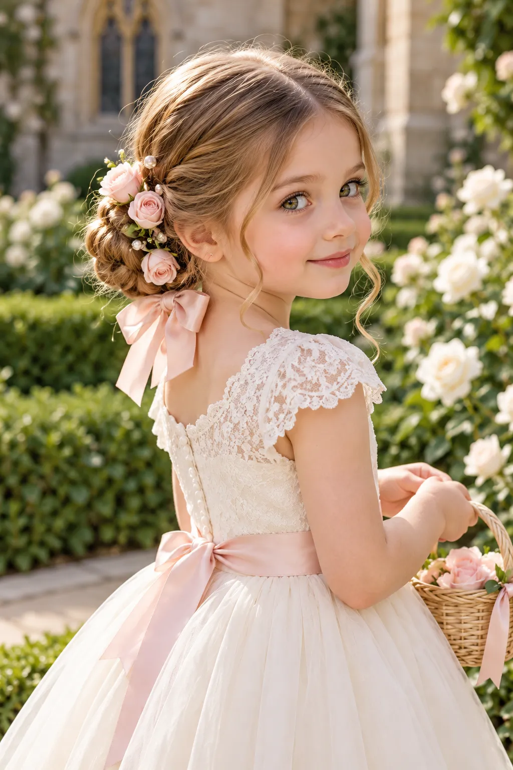 Rose Braided Low Bun with Pink Bow