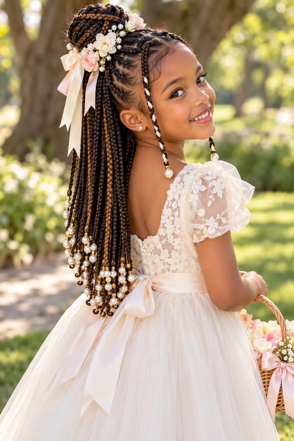 Pearl Beaded Box Braids with Floral Bun