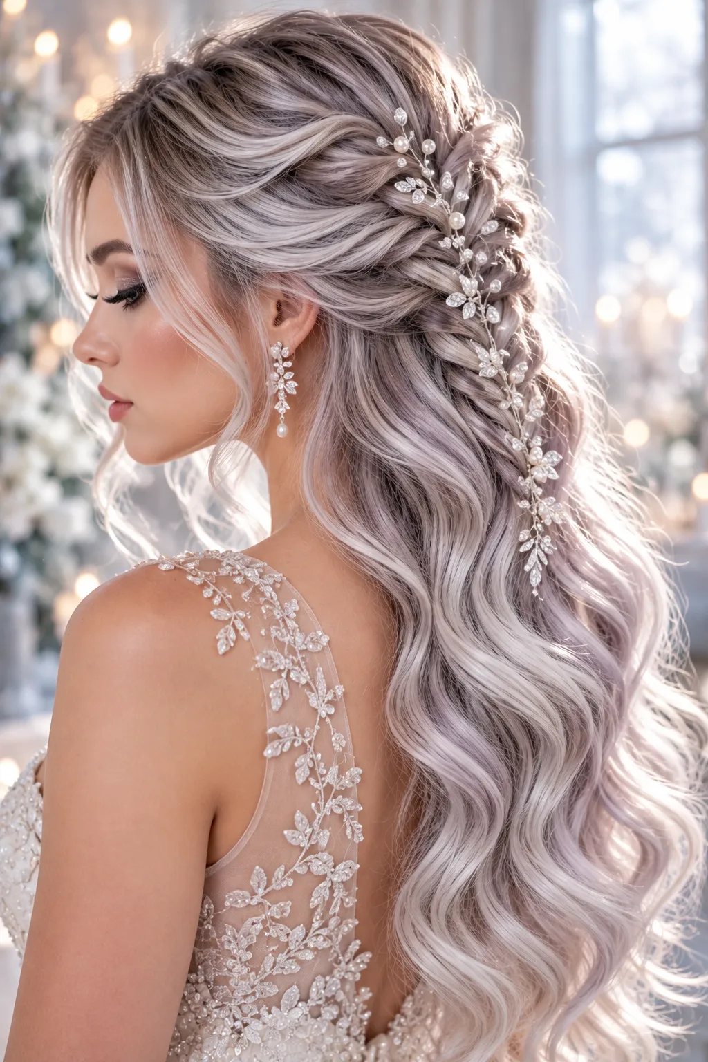 Silver Lavender Twisted Half Up with Pearl Hair Vine Silver Lavender Twisted Half Up with Pearl Hair Vine