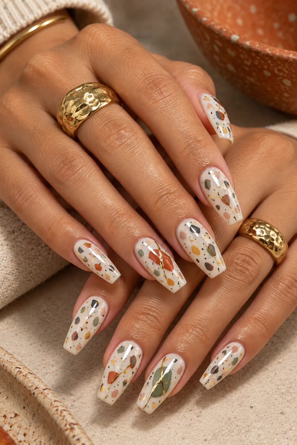 Earthy Terrazzo Coffin Nails