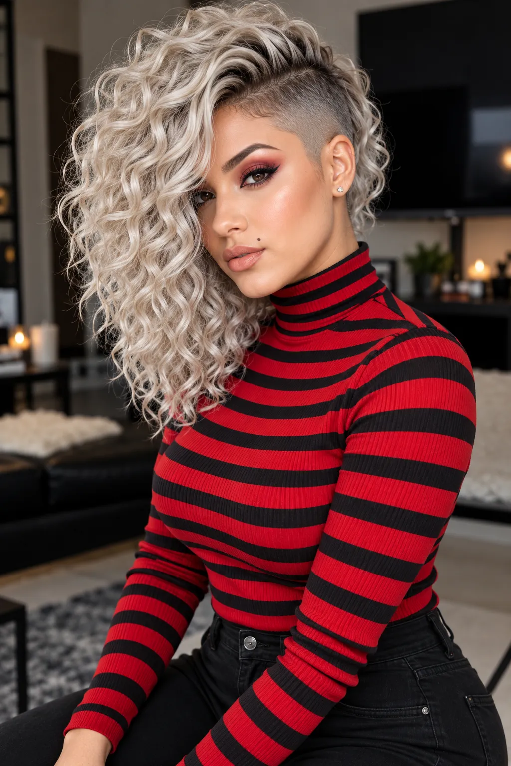 Silver Curly Undercut Asymmetrical Lob Silver Curly Undercut Asymmetrical Lob