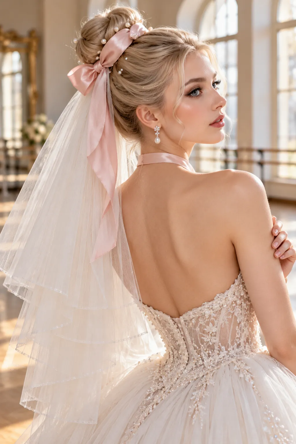 Ballerina Bun with Blush Ribbon and Tiered Veil