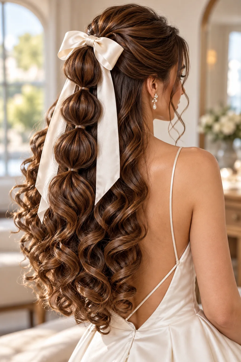 Satin Bow Bubble Ponytail with Bouncy Bridal Curls Satin Bow Bubble Ponytail with Bouncy Bridal Curls
