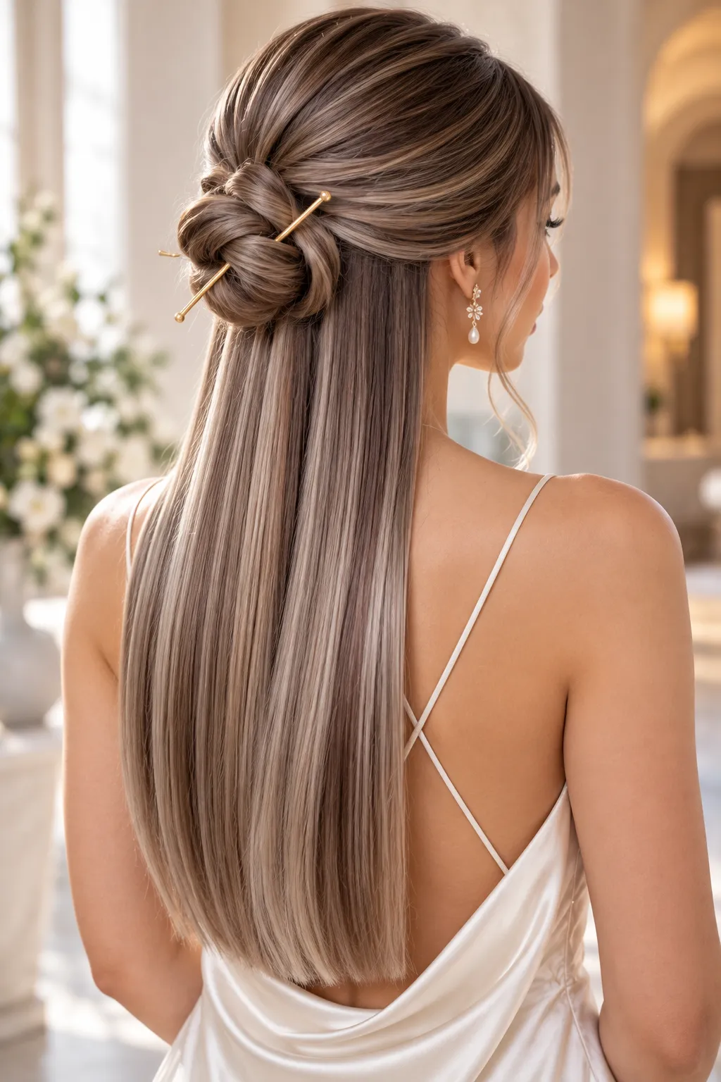 Sleek Half Up Knot Bun with Gold Hair Stick Sleek Half Up Knot Bun with Gold Hair Stick