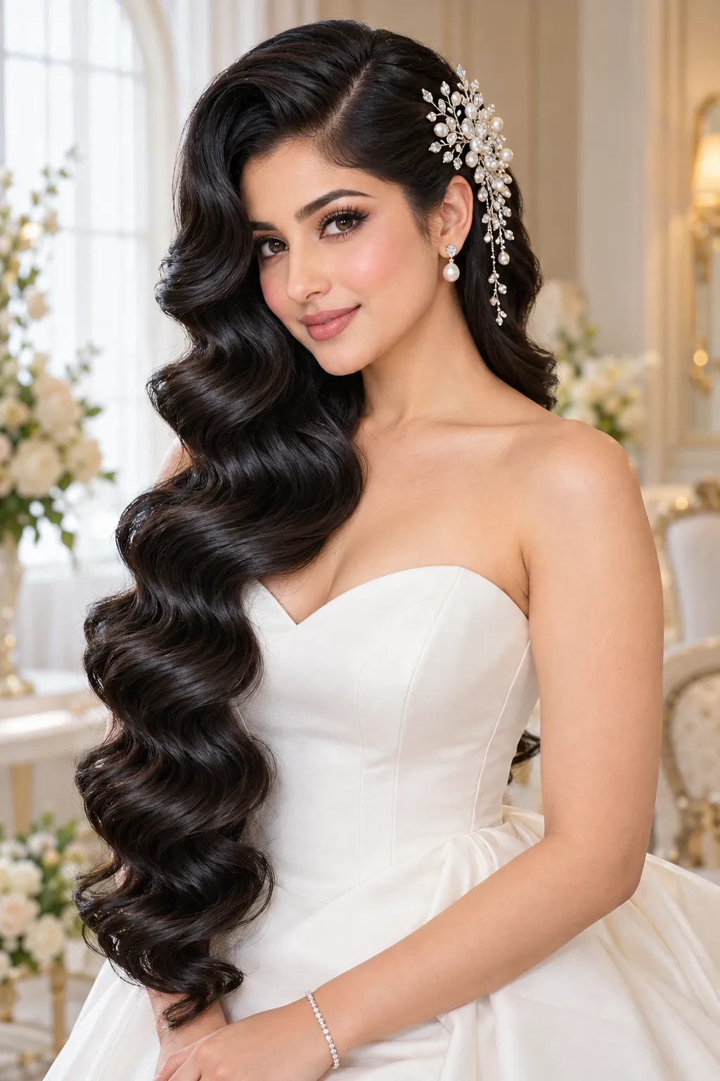 Glossy Side Swept Hollywood Waves