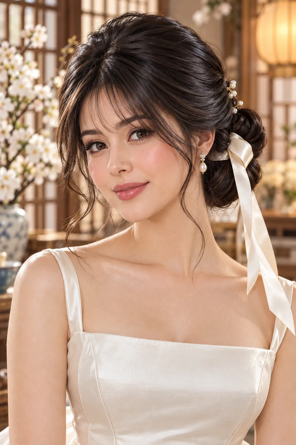 Soft Low Chignon Updo with Ribbon and Pearls