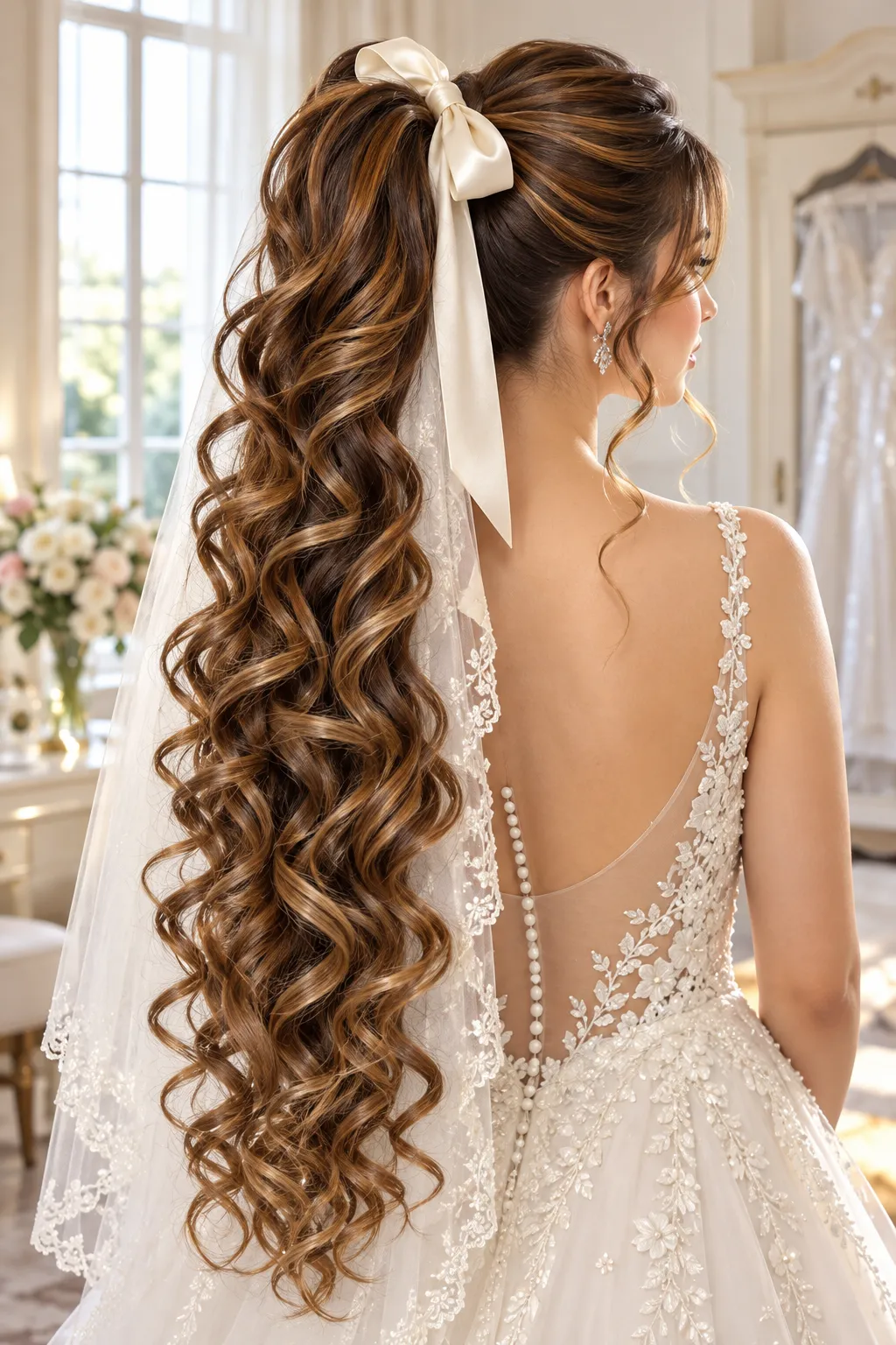High Curly Ponytail with Satin Bow and Veil