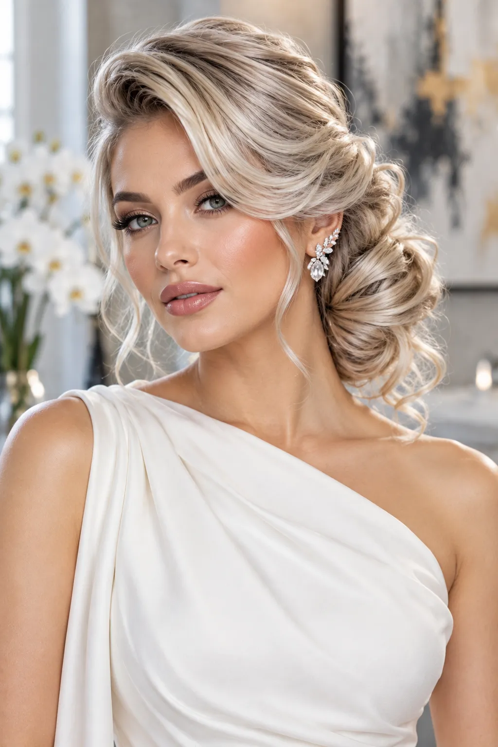 Side Swept Curly Chignon with Crystal Earrings