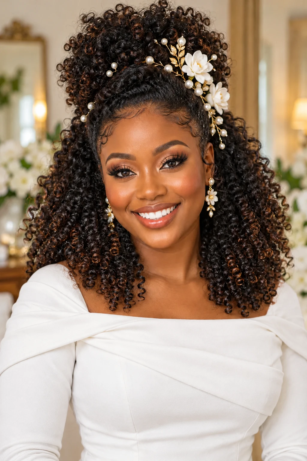 Curly High Half Up with Pearl and Floral Hairpiece Curly High Half Up with Pearl and Floral Hairpiece