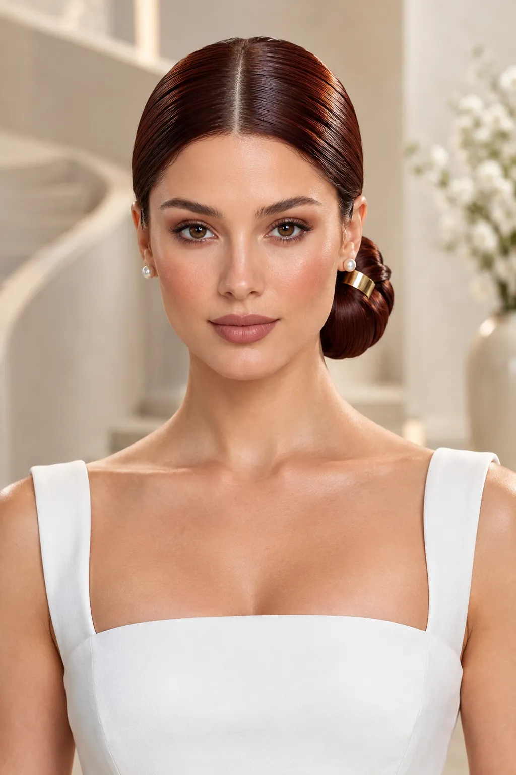 Sleek Center Part Low Bun with Gold Cuff