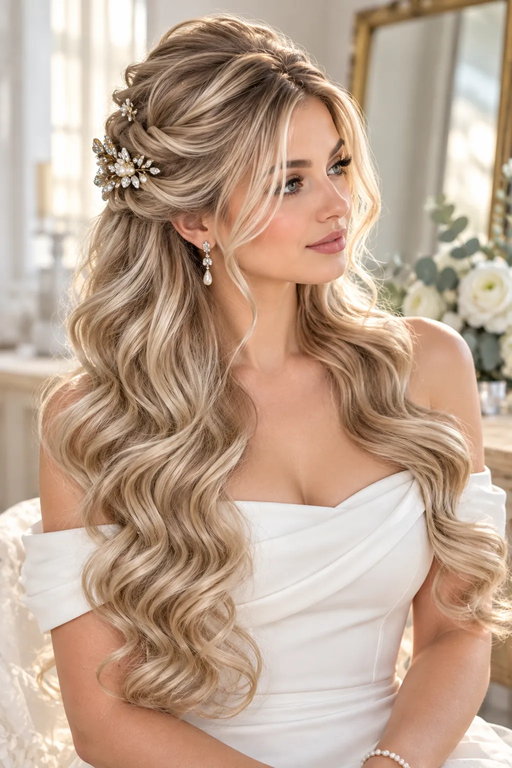  Half Up Volume Waves with Jeweled Clip