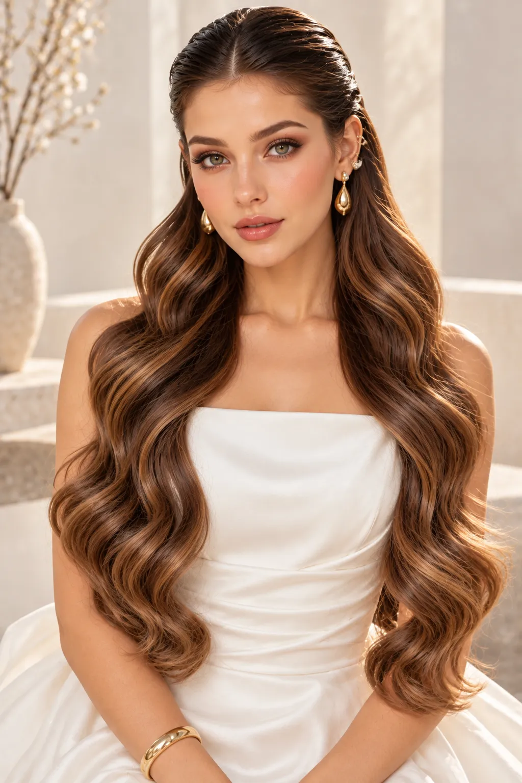Sleek Center Part Waves with Gold Accents