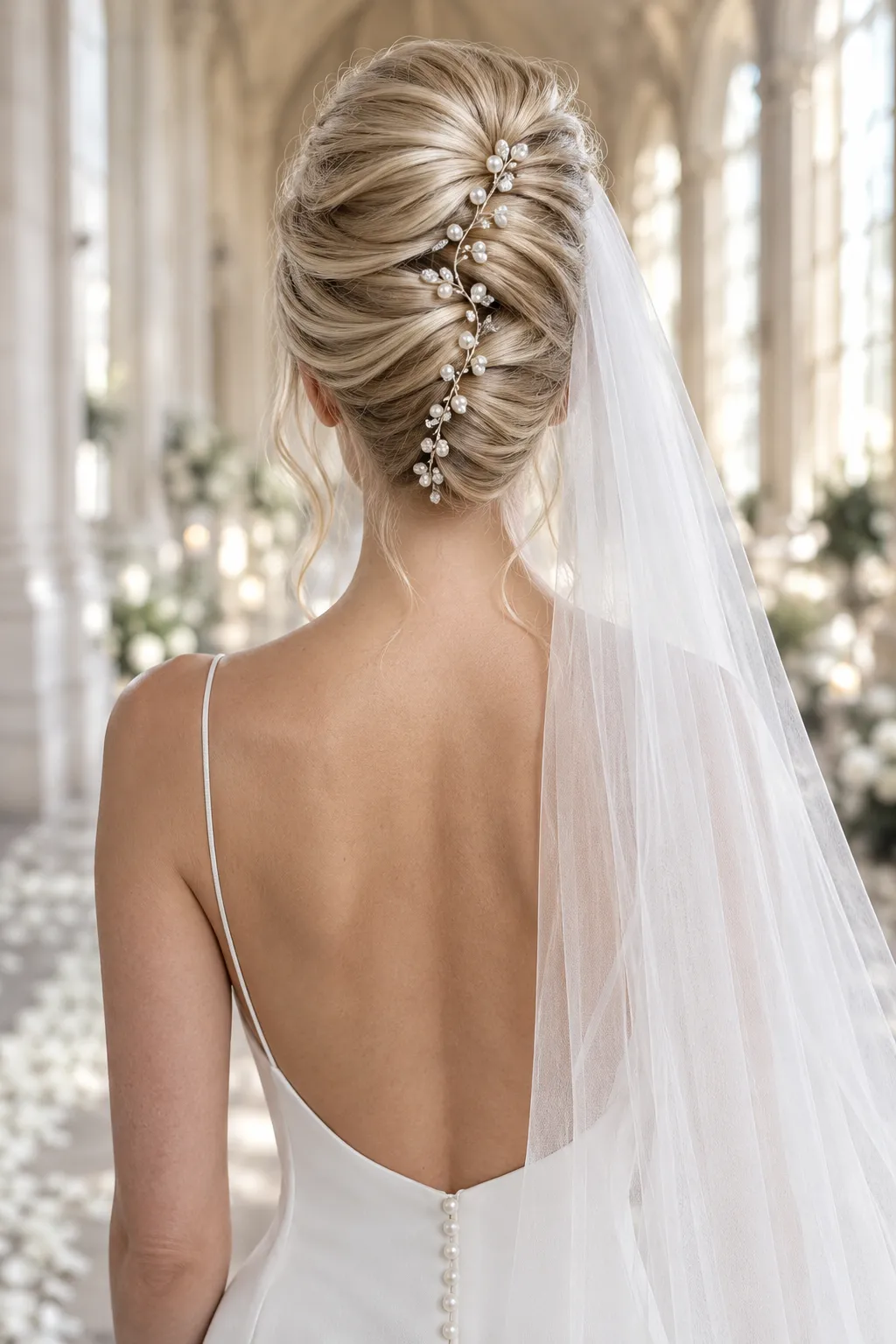 French Twist Updo with Pearl Hair Vine