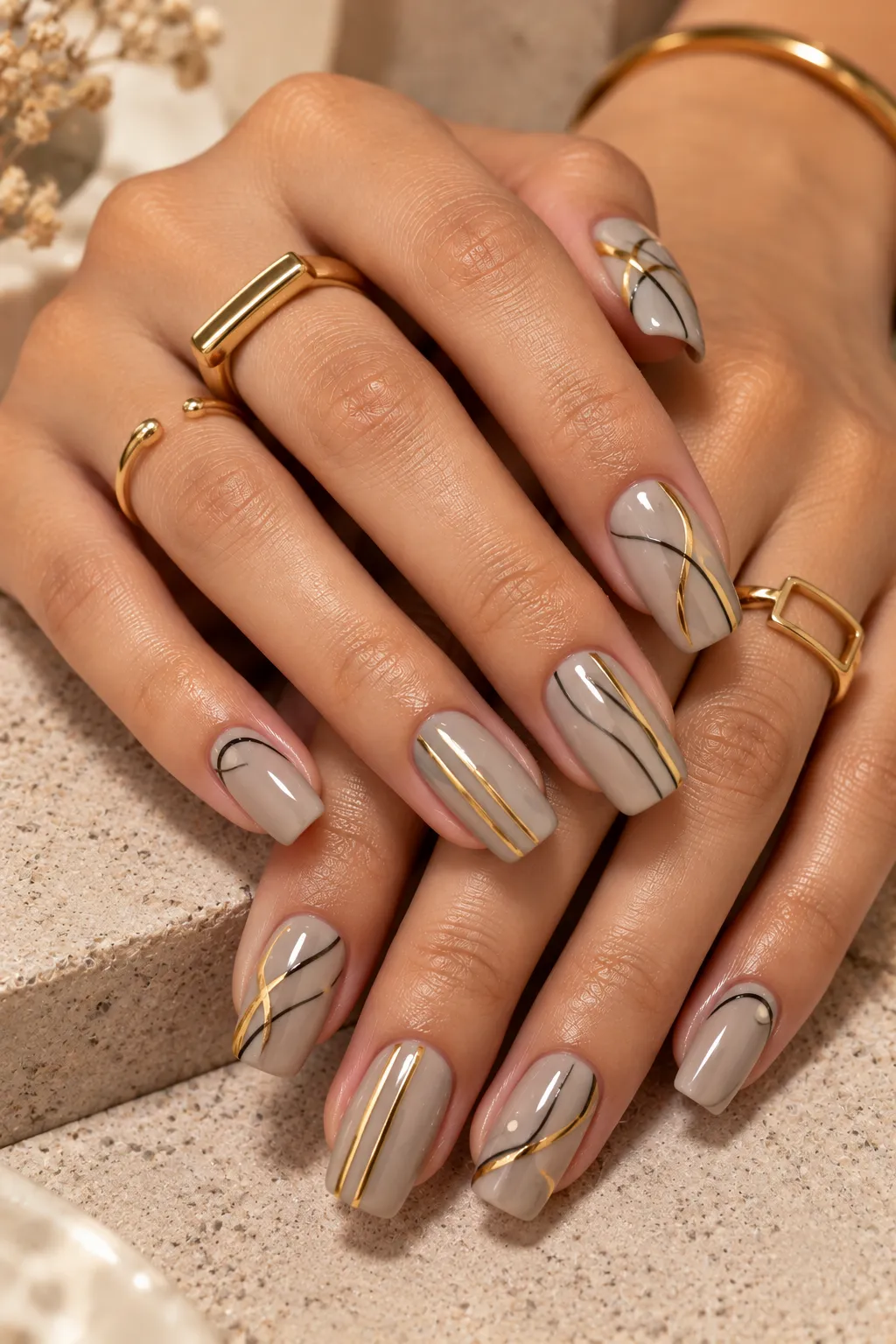 Gold Line Taupe Nails