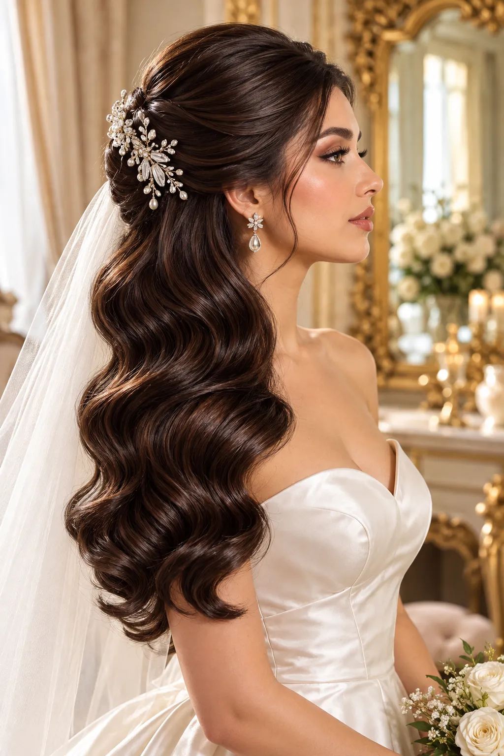 Veiled Half Up with Crystal Hairpin and Glossy Waves Veiled Half Up with Crystal Hairpin and Glossy Waves