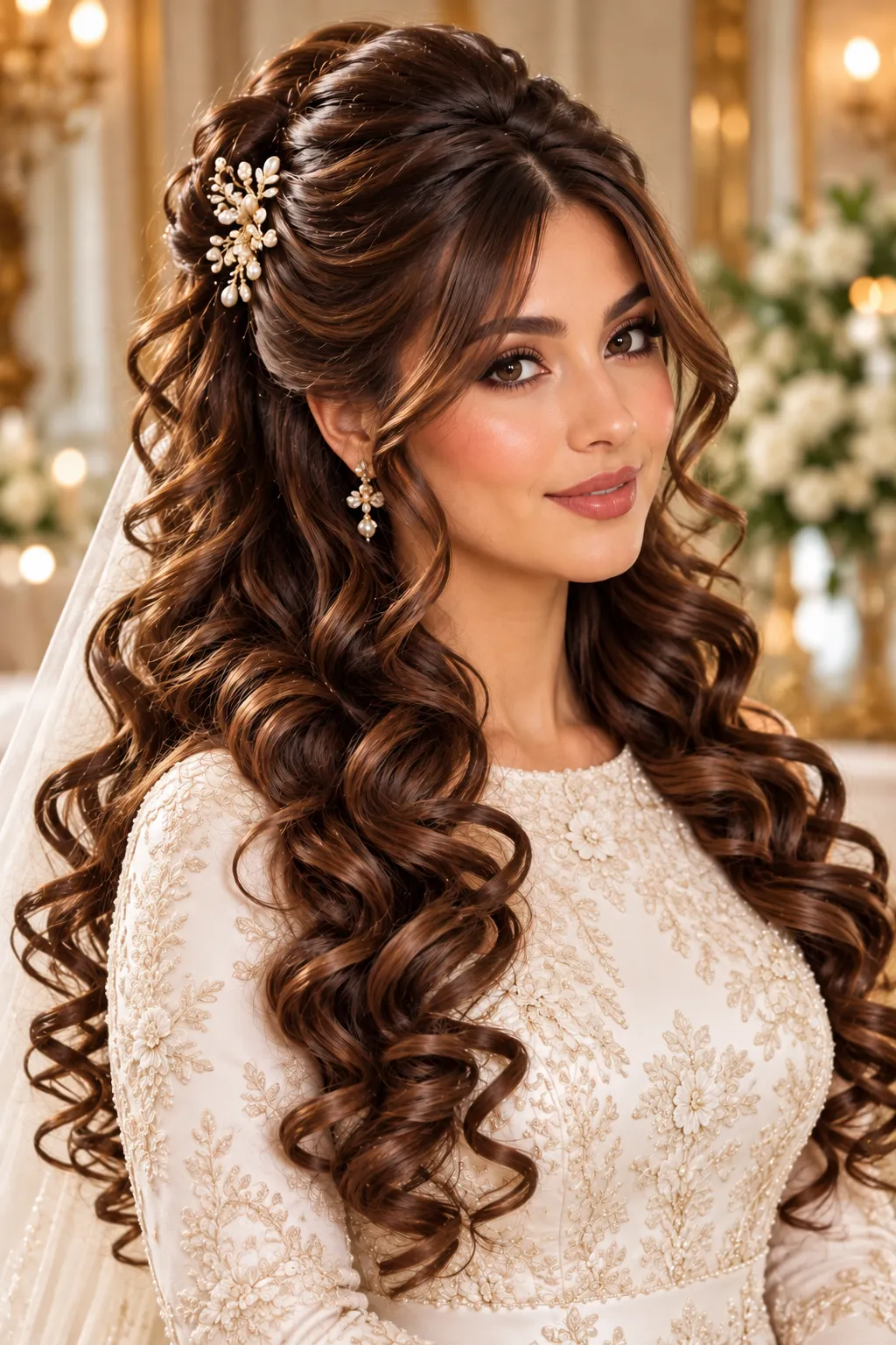 Voluminous Bouffant Half Up with Pearl Clip and Spiral Curls Voluminous Bouffant Half Up with Pearl Clip and Spiral Curls