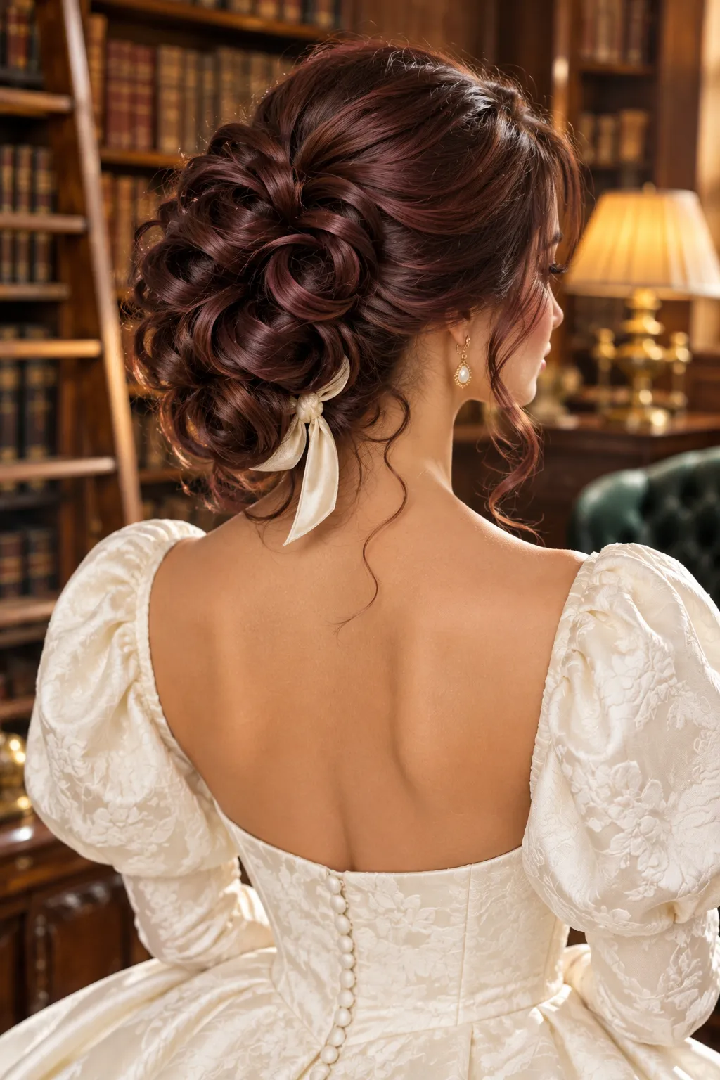 Curled Burgundy Updo with Satin Ribbon
