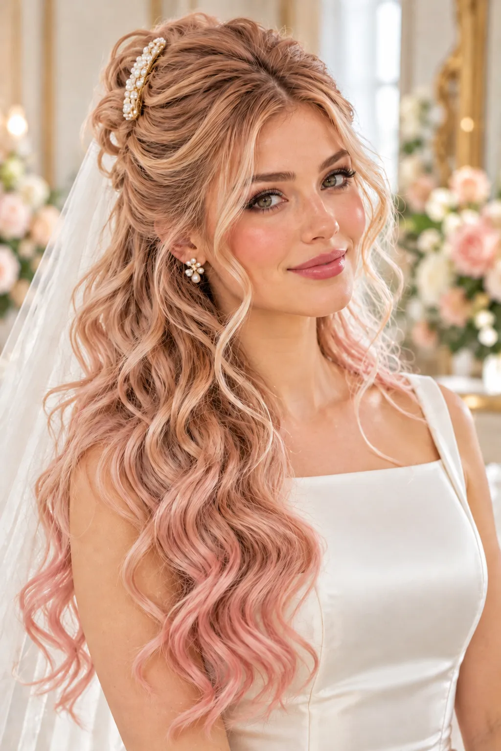Rose Gold Wavy Half Up with Pearl Barrette and Veil Rose Gold Wavy Half Up with Pearl Barrette and Veil
