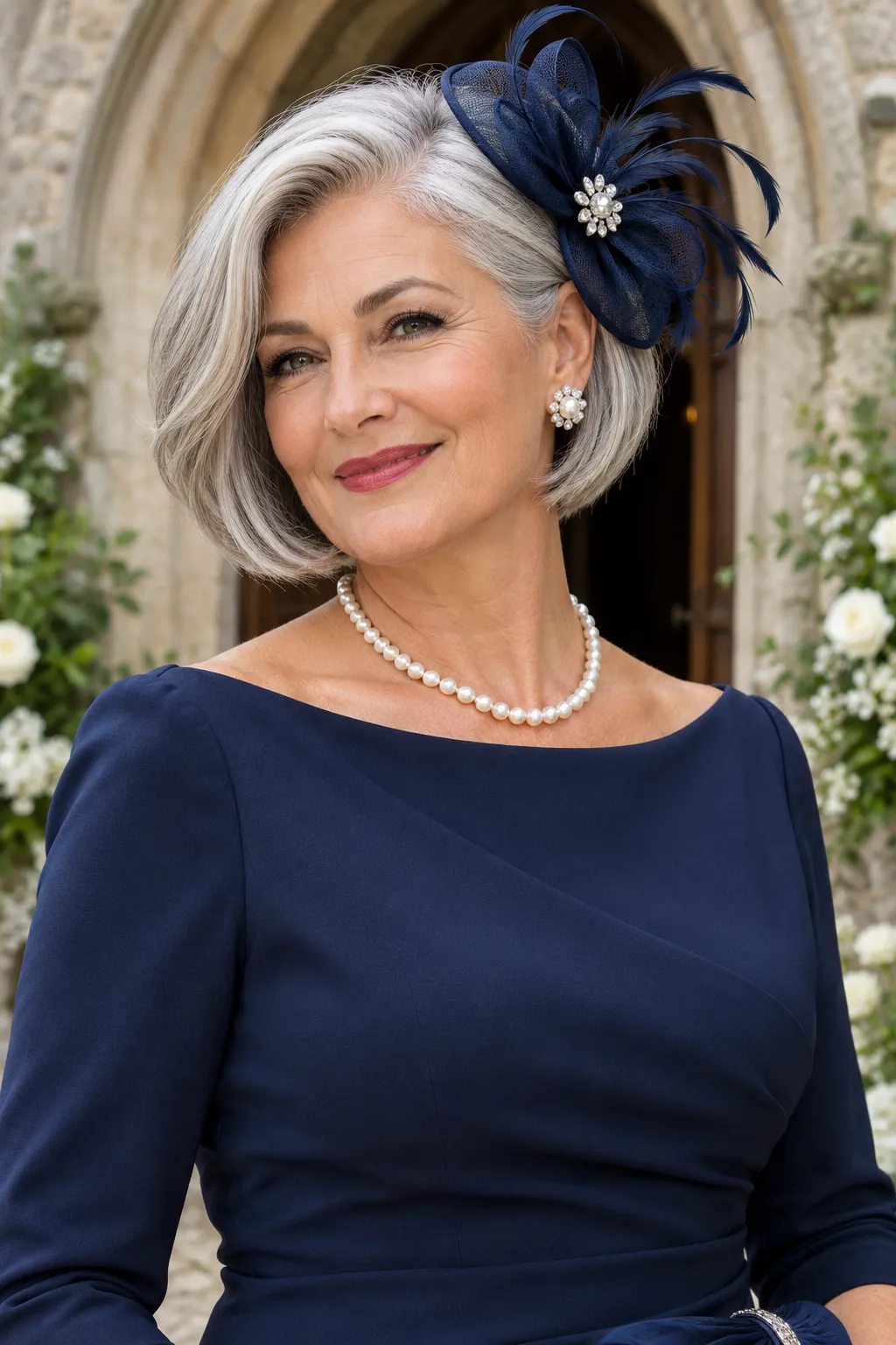 Silver Side Part Bob with Navy Fascinator