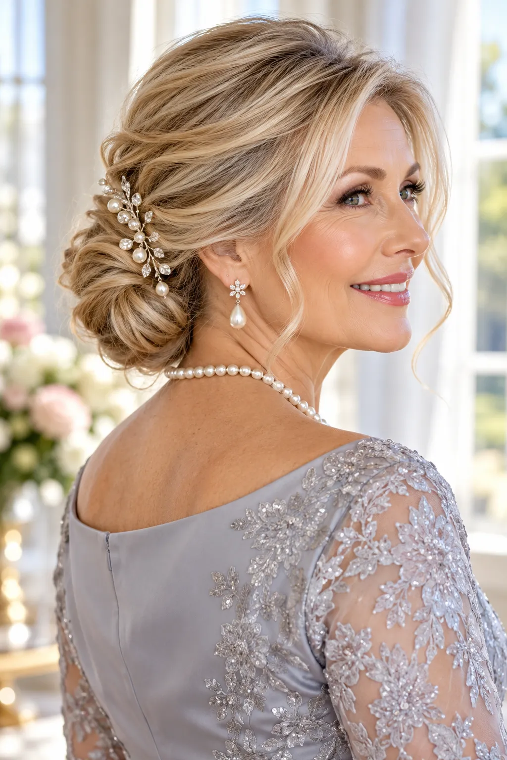 Soft Low Chignon with Pearl Hair Vine