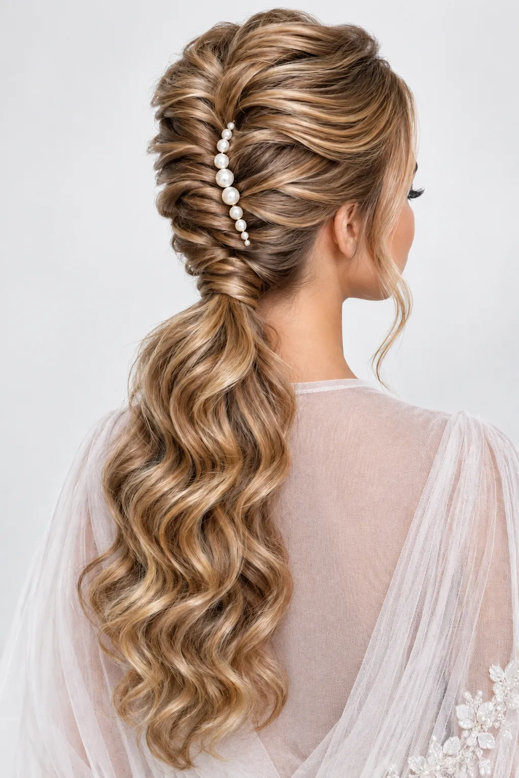 Pearl Studded Fishtail Ponytail with Waves