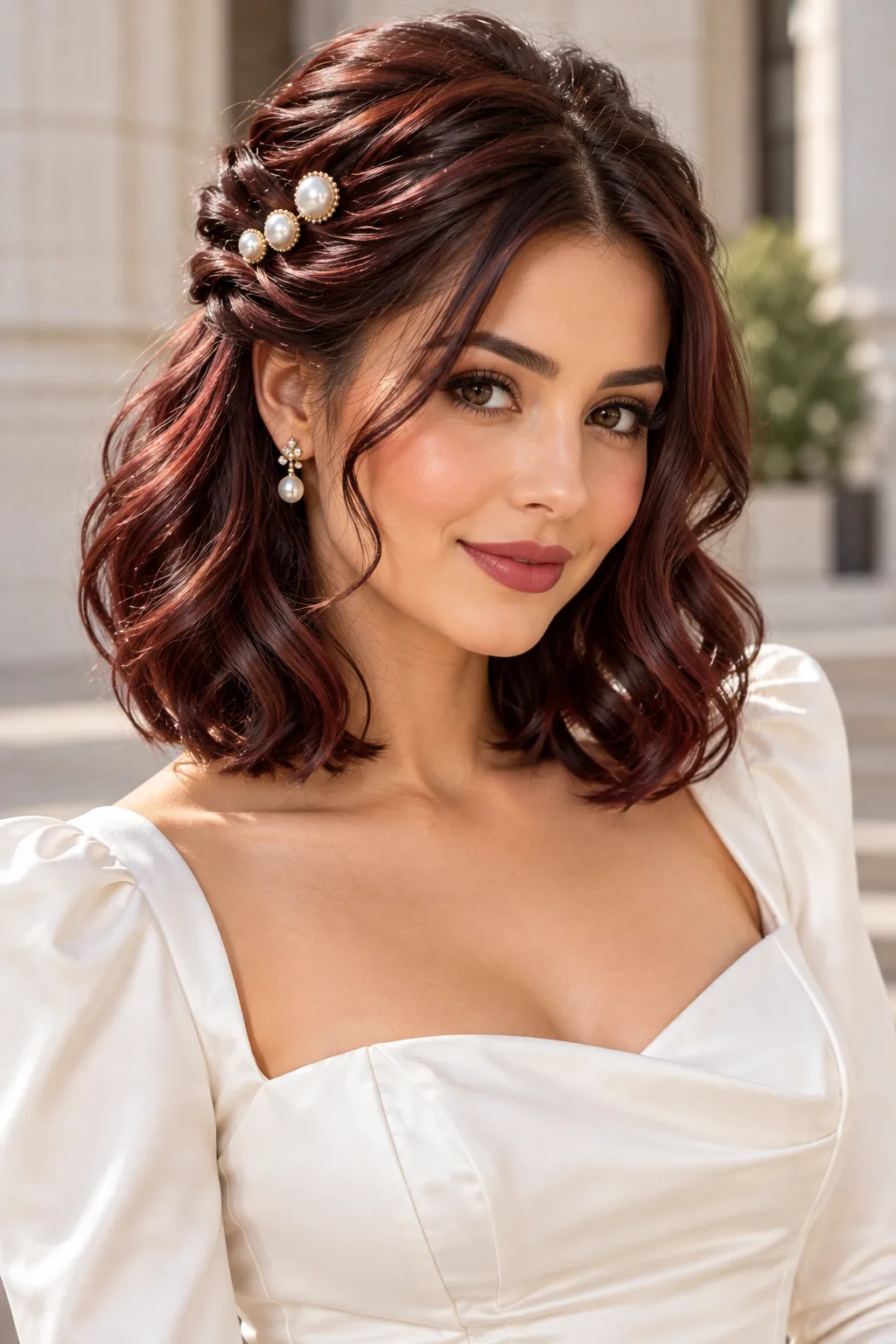 Short Wavy Half Up with Pearl Pins and Cherry Burgundy Shine Short Wavy Half Up with Pearl Pins and Cherry Burgundy Shine