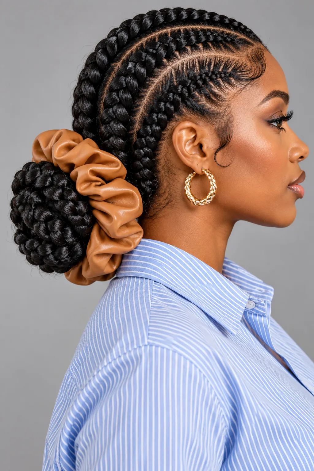 Feed In Braided Bun with Leather Scrunchie