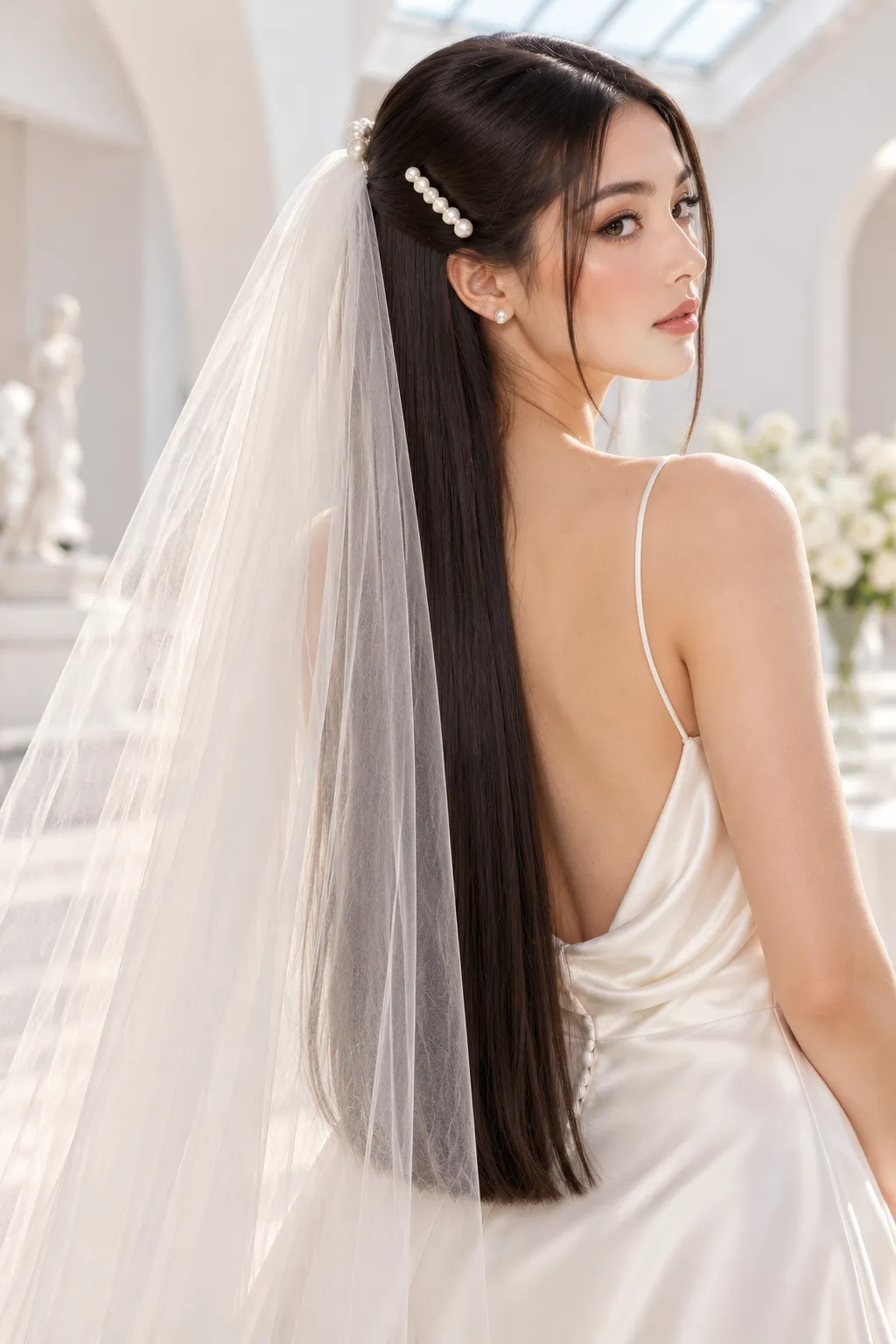  Sleek Straight Hair with Pearl Barrette and Tulle Veil