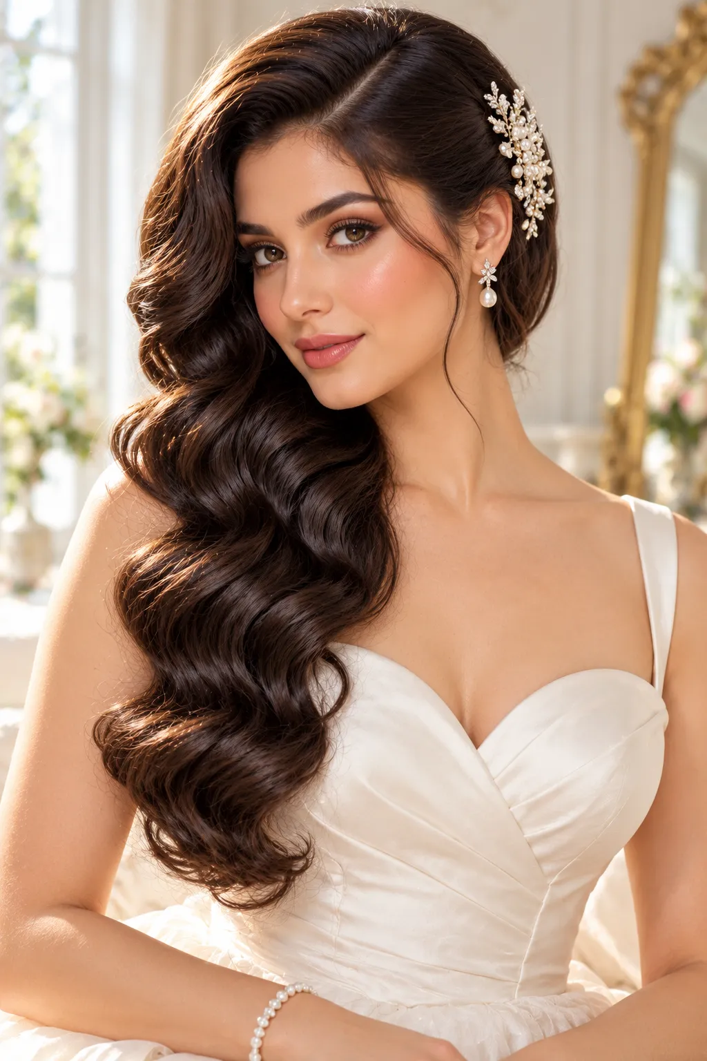 Side Swept Vintage Waves with Pearl Comb
