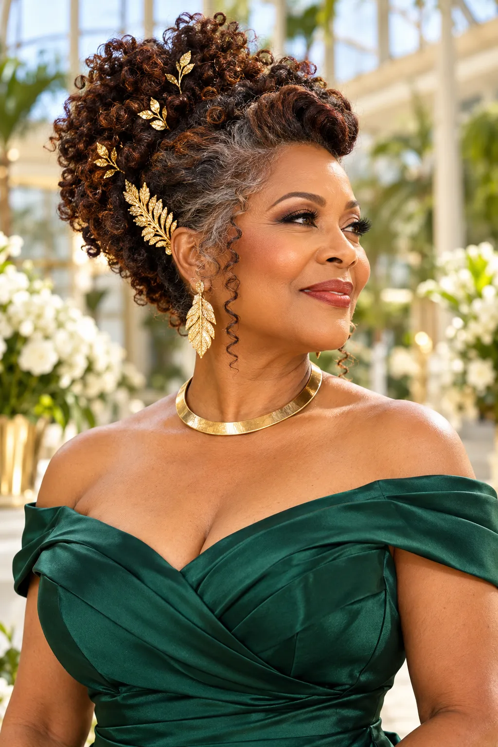 Curly Pompadour Updo with Gold Leaf Pins
