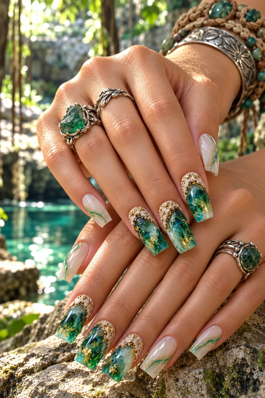 Emerald Geode Nails in a Tropical Haven