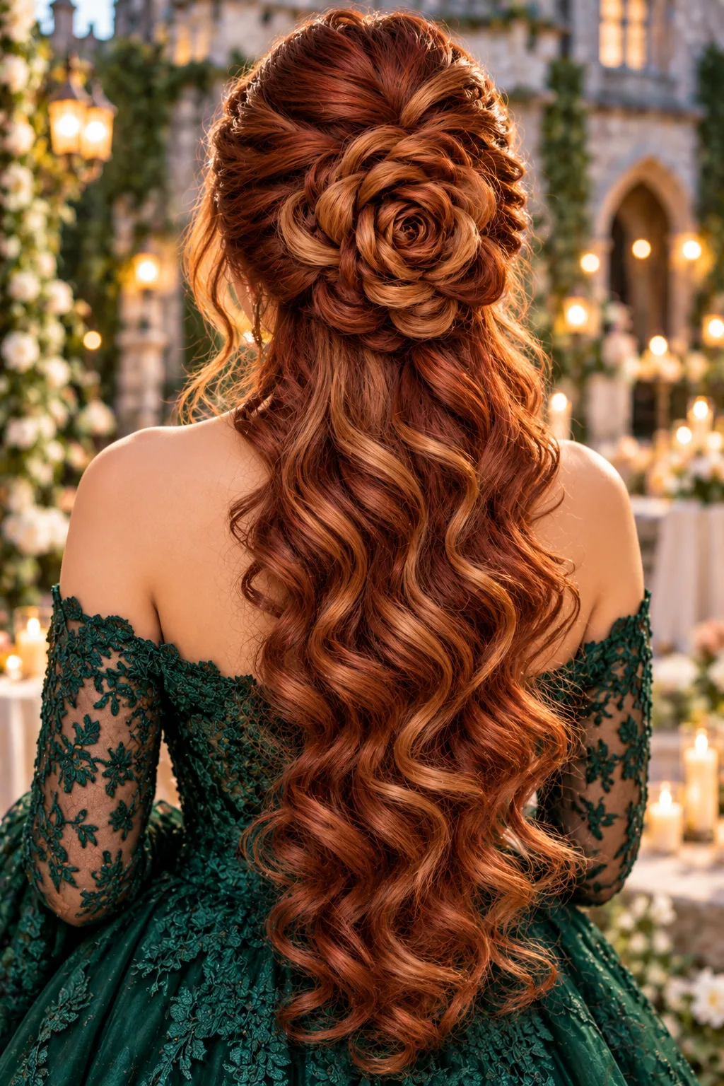 Rose Braid Half Up with Cascading Curls