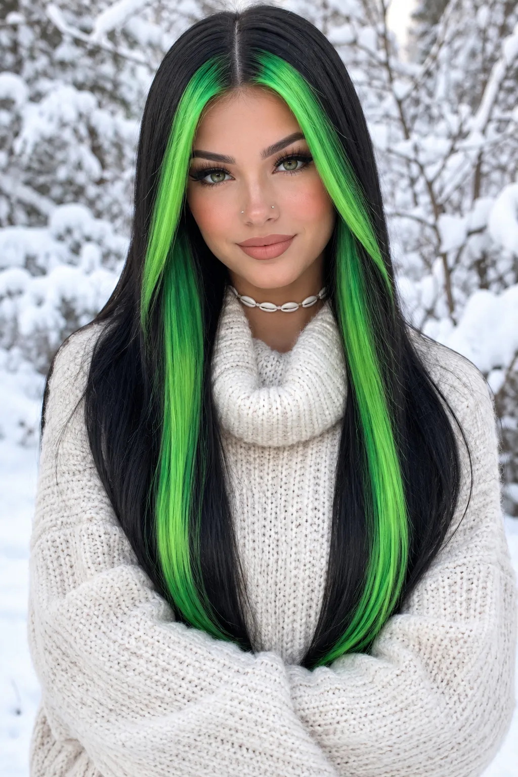 Sleek Black Hair with Neon Green Money Piece